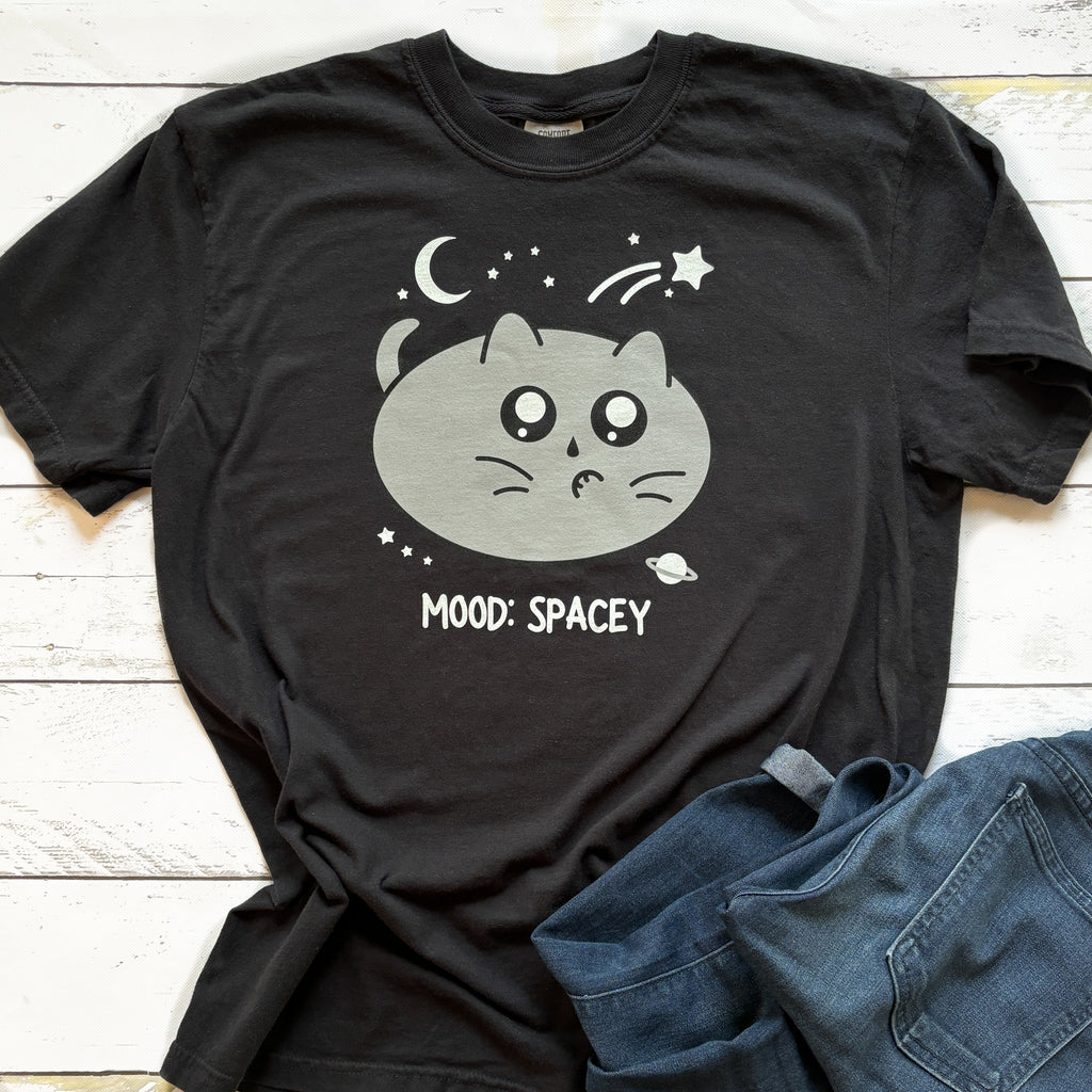 cute cat in outer space t-shirt with mood spacey words