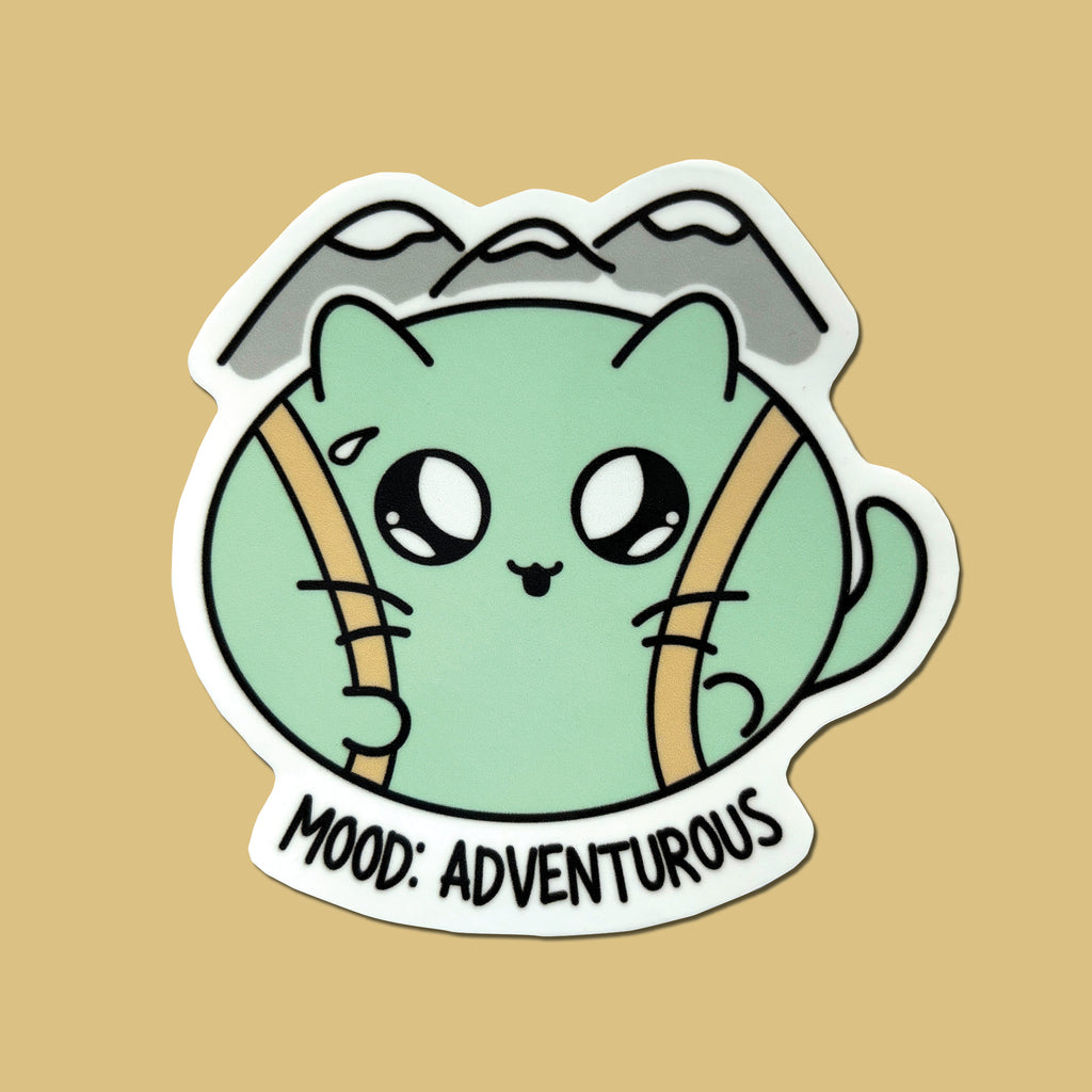 Adventurous mood cat illustration hiking with  mountains