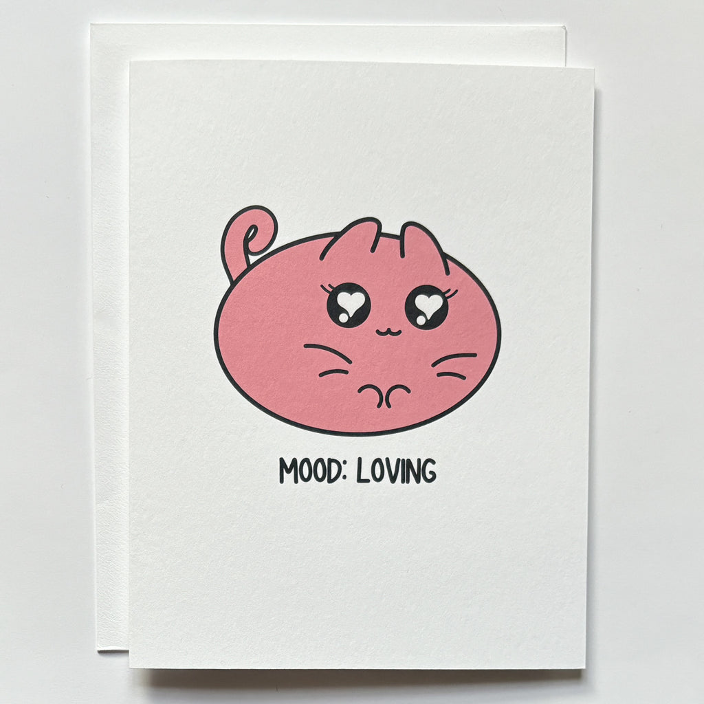 cat illustration with heart eyes and loving mood words