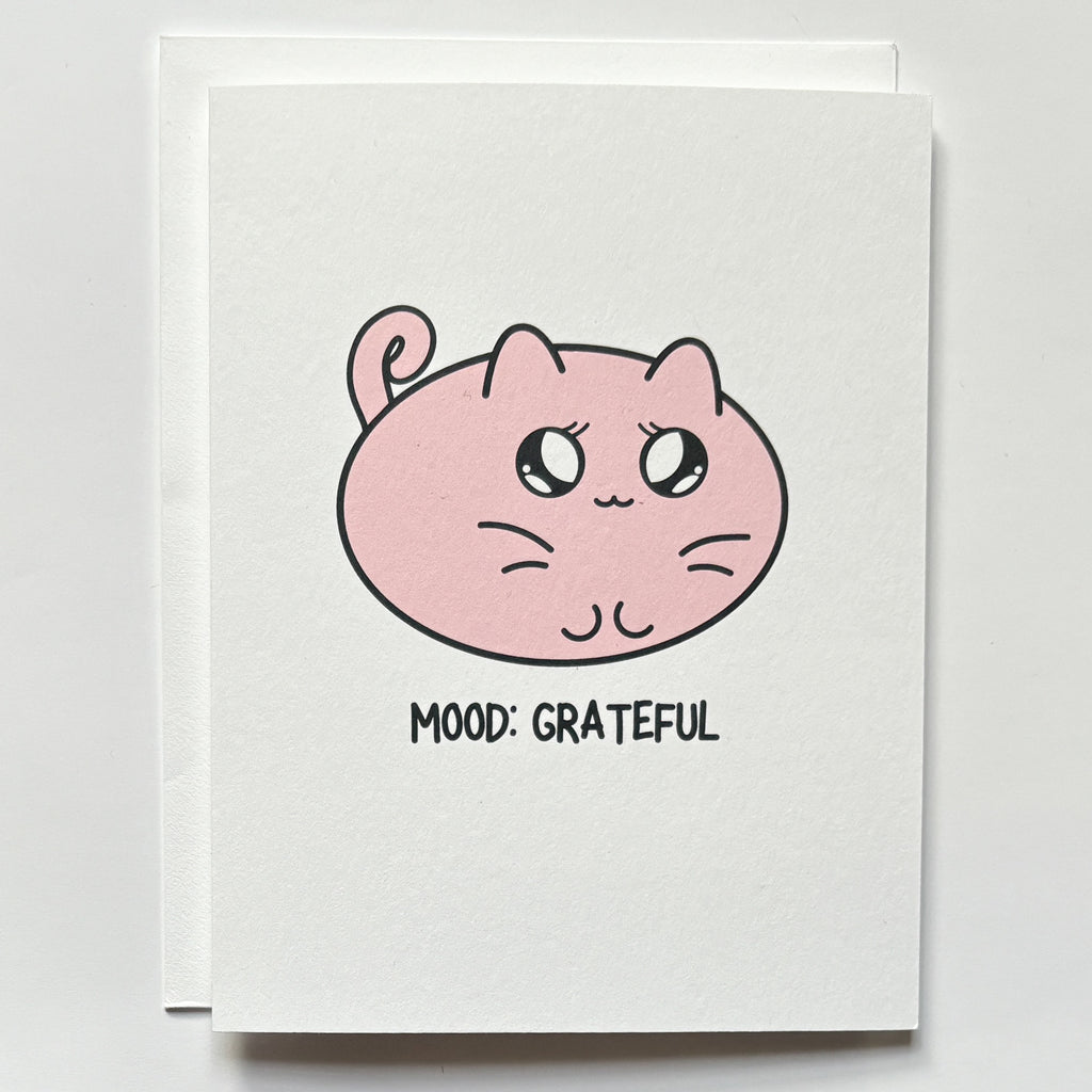 cat illustration with grateful mood words