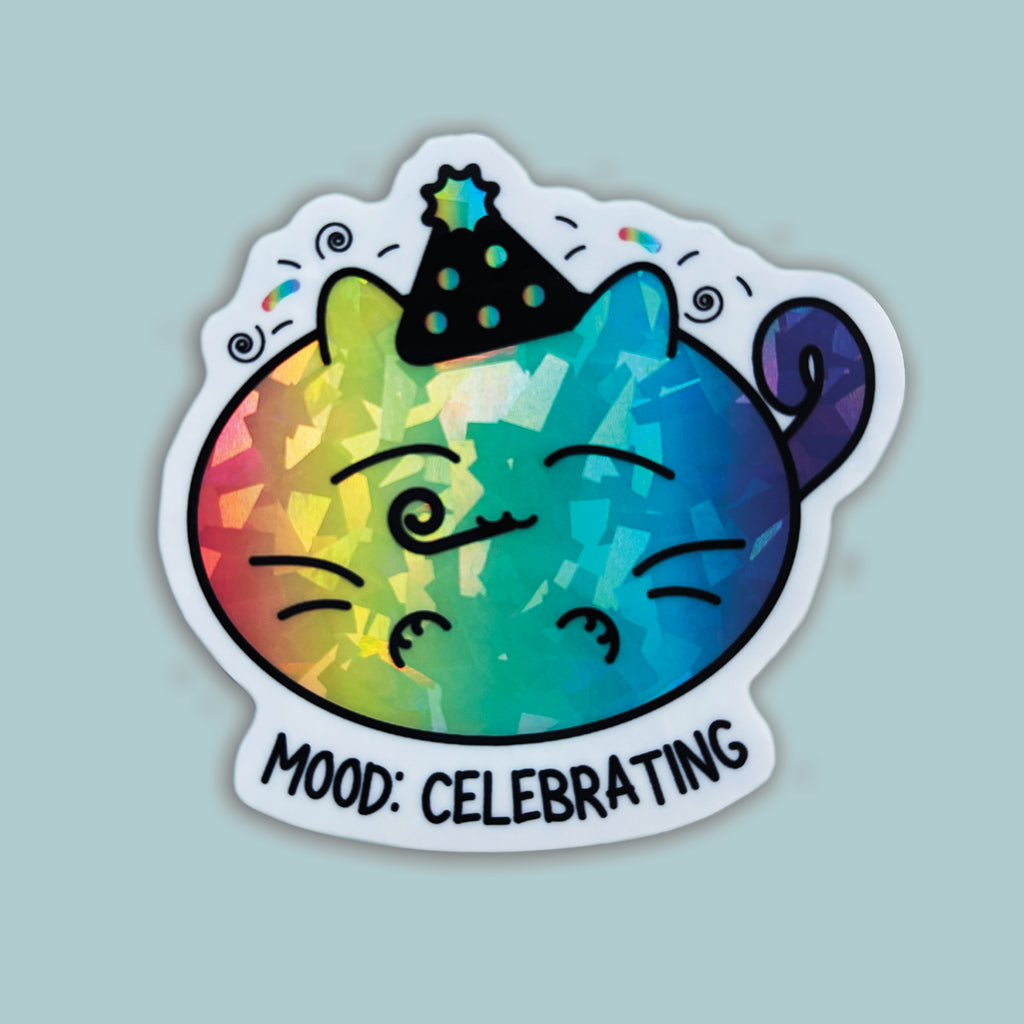 cat with party hat and mood celebrating words