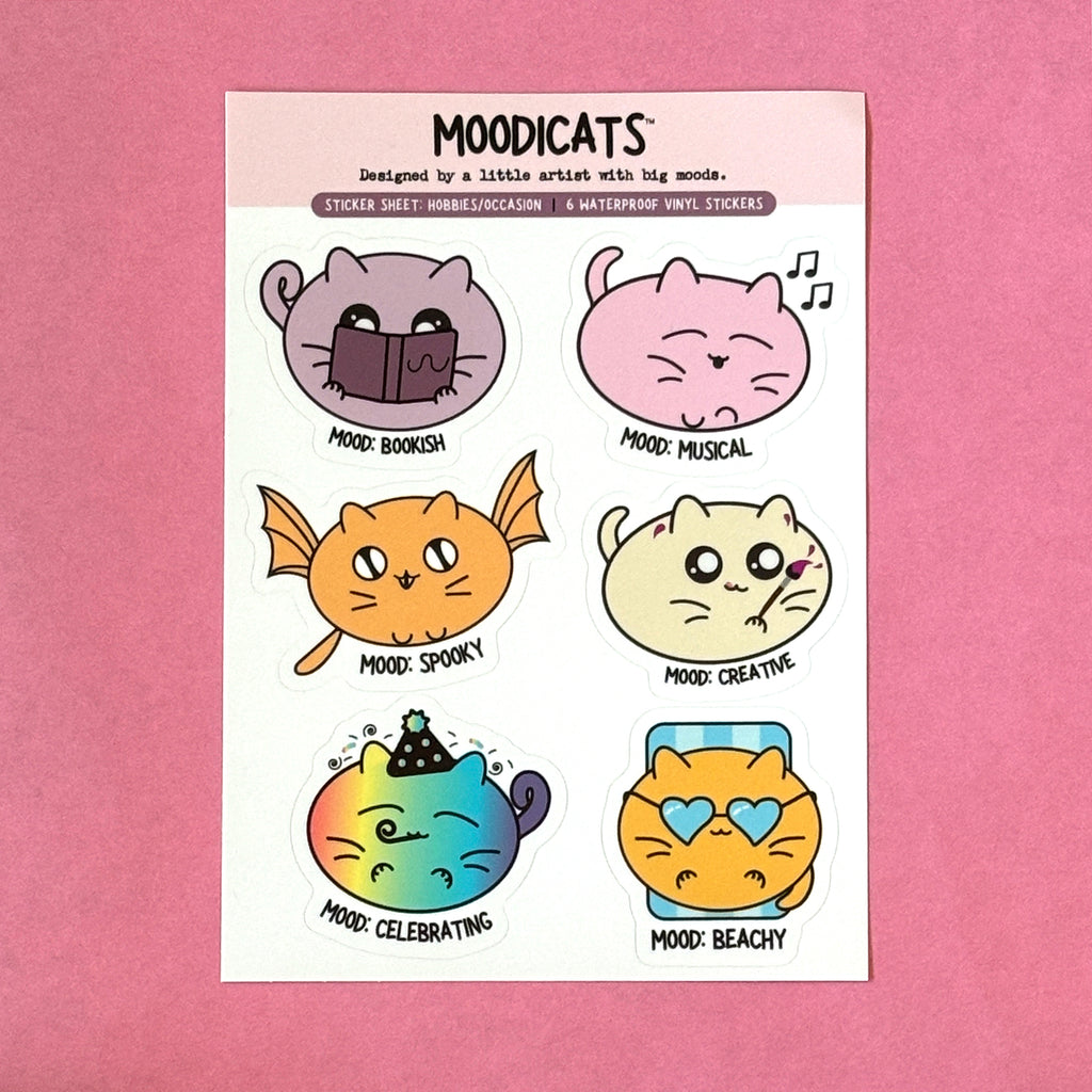 sticker sheet of six stickers illustrated cats with moods