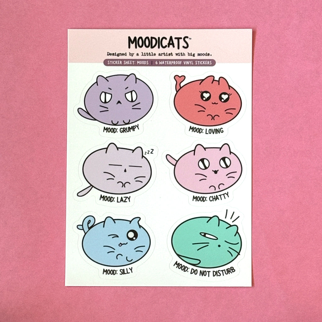 sticker sheet of six illustrated cats with moods